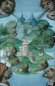 Ms Hunter 9 f.47v Quattro venti che soffiano agli angoli su un paesaggio circondato dal mare, da 