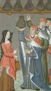 Donna con cesto che porta urinalis magnus, da De Medina Fen I. II, di Avicenna (980-1037) da Flemish School
