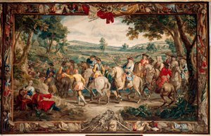 Palazzo. Arazzo fiammingo. Atelier di Bruxelles Judocus De Vos. Design Lambert De Hondt. La marcia. 400x640cm. Lana e seta. Ca 1715 - 1724.