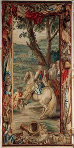 Palazzo (Schlossanlage Schleißheim). Arazzo fiammingo. Atelier di Bruxelles Judocus De Vos. Design Lambert De Hondt. Massimiliano II Emanuele (Maximiliaan Emmanuel e due fanti). 400x175cm. Lana e seta. Ca 1715 - 1724 da Flemish School