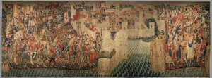 Museo parrocchiale di arazzi di Pastrana. Arazzo fiammingo. Conquista di Tangeri. Serie Conquiste del re Alfonso I del Portogallo. Tournai da Flemish School