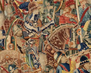 Museo Parrocchiale di Arazzi di Pastrana. Arazzo fiammingo. Presa di Arcila. Serie Conquiste del re Alfonso I del Portogallo. Tournai