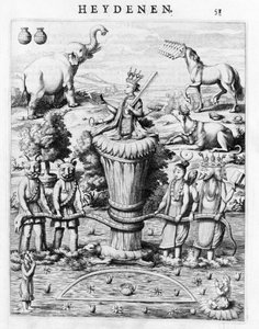 Samudramathana, con la partecipazione di Deva (Surya, Shiva, Vishnu, Brahma) con demoni e cavalcature. Secondo Baldaeus Philippus Afgoderye der oost-indische Heydenen. Amsterdam 1672