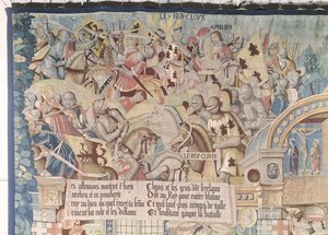 Scene della vita di San Remigio (d.553) dettaglio di Clodoveo I (465-511) alla battaglia di Tolbiac contro gli Alemanni nel 496 d.C. da Flemish School