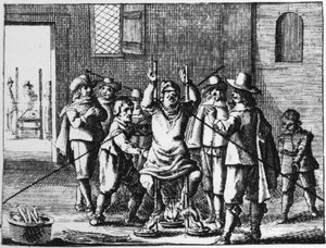 Stregone torturato con il collare - incisione del 1725 in 