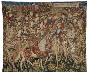 Arazzo con Ercole e i suoi Compagni sul Monte Olimpo, probabilmente realizzato a Tournai, c.1465-70 da Flemish School