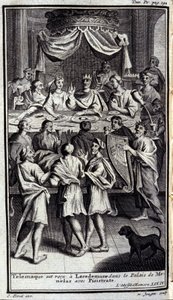 Telemaco è ricevuto a Lacedemone nel palazzo di Menelao con Pisistrato. Illustrazione per il libro IV dell