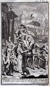 Telemaco lascia Lacedemone su un carro con il figlio di Nestore dopo aver ricevuto grandi doni da Menelao. Illustrazione per il libro XV dell