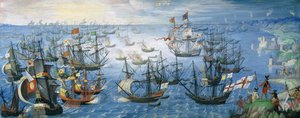 Il lancio delle navi incendiarie inglesi sulla flotta spagnola al largo di Calais con la regina Elisabetta I (1533-1603) a cavallo sulla riva, nella notte del 7 agosto 1588, c.1605