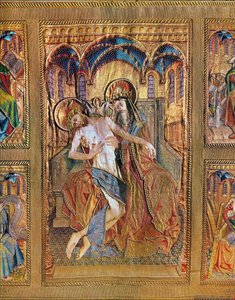 Trono della Misericordia, padrino che tiene il figlio sulle ginocchiaAltar paliotto dei paramenti da messa borgognoni... (ricamo su lino, filo d