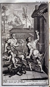 Ulisse arriva alla casa del pastore Eumeo, o potrebbe essere divorato dai cani. Illustrazione per il libro XIV dell