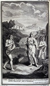 Ulisse sfugge al naufragio, e sebbene nudo ma costretto dalla necessità si avvicina a Nausicaa, figlia di Antinoo. Illustrazione per il libro VI dell