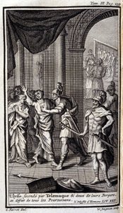 Ulisse assistito da Telemaco e due dei loro pastori disperdono tutti gli inseguitori. Illustrazione per il libro XXII dell