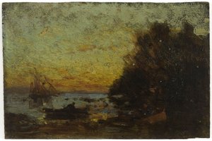 Barca e barche a vela, tramonto. Sul retro: Marina, tra il 1850 e il 1860 da Félix Ziem