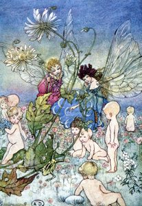 Donna-libellula (fata) e elfo circondati da bambini - in “Il mio mondo delle fate” di Fiona Malcom, ill. Florence Anderson da Florence Anderson
