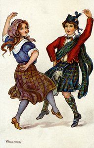 Coppia che balla in costume tradizionale scozzese. Cromolitografia di Florence Hardy da Florence Hardy