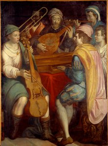 Concerto. Musicisti con liuto, spinetta, trombone e viola da gamba. Dipinto anonimo della scuola fiorentina 1550-1600 da Florentine School