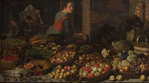 Natura Morta con Frutta e Verdura, con Cristo a Emmaus sullo Sfondo da Floris Gerritsz van Schooten