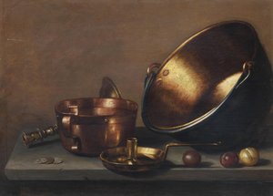 Natura morta con pentole di rame, utensili e prugne su un ripiano di pietra da Floris van Schooten
