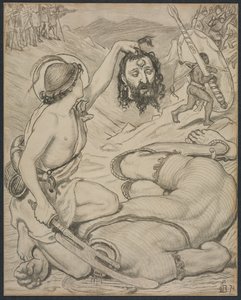 Davide e Golia, cartone per vetrata a Jesus College, Cambridge, 1872 da Ford Madox Brown