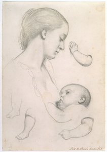 Pasto del neonato - Studio di una madre e un bambino con studi separati di braccio e gamba del bambino, 1848 da Ford Madox Brown