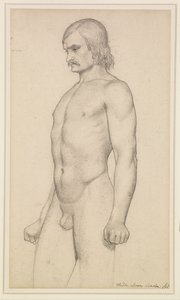 Nudo maschile - Studio accademico, nudo di tre quarti, con baffi e pugni stretti da Ford Madox Brown