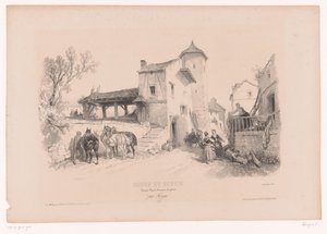 Strada del villaggio con cavalli e varie figure (serie Tekencursus con studi di paesaggi, animali e dettagli) da Fortuné Ferogio