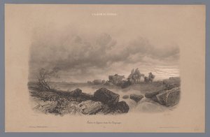 Viaggiatori e mucche presso un ruscello in un paesaggio da Fortuné Ferogio