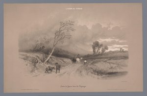 Viaggiatori su una strada di campagna con tempo tempestoso