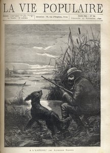 Un cacciatore di uccelli osserva in una palude con il suo cane. Illustrazione di F. Meaulle per "Hopefully!" di Alphonse Daudet (1840-1897). Incisione del 1890 in "La vie populaire". Collezione privata da Fortune Louis Meaulle