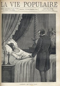 Un uomo sopraffatto dalla tristezza, in piedi al capezzale di un letto, tiene la mano della sua amata defunta. Sul comodino, una candela accesa e un crocifisso. Sullo stipite del camino, una coppa e una scultura di donna in costume antico. Illustrazione da Fortune Louis Meaulle
