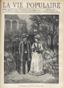 Un uomo con le stampelle cammina con una giovane donna elegante nei viali di un parco. Un secondo uomo li segue. Illustrazione di Fortune Louis (Fortune-Louis) Meaulle per "L