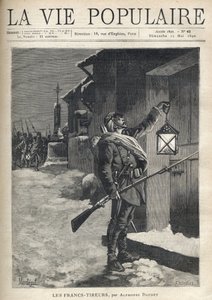 Un soldato, con tutto il suo equipaggiamento, un fucile con baionetta e una lanterna davanti alla porta chiusa di una casa di città. Dietro di lui, vicino alla Croce di Ferro, il resto della truppa arriva per unirsi a lui. Illustrazione di Montegut per Les