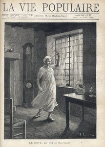 Una donna in camicia e berretto da notte, con un volto pieno di paura, occhi tristi e una mano alzata, si alza a piedi nudi davanti alla finestra della sua casa, attraverso la quale si vedono gli alberi delle barche. All