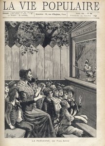Una donna in mezzo a un gruppo di bambini applaude uno spettacolo di marionette (Guignol). Illustrazione di Fortune Meaulle per "Il contadino" di Paul Arene (1843-1896). Incisione in "La vie populaire" da Fortune Louis Meaulle