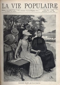 Una giovane donna vestita di bianco, con un libro aperto in mano, accompagnata dalla madre, vestita di nero con un volto triste, seduta su una panchina davanti a un paesaggio sulla costa mediterranea. Dietro di loro, un uomo si china sulla spalla della gio