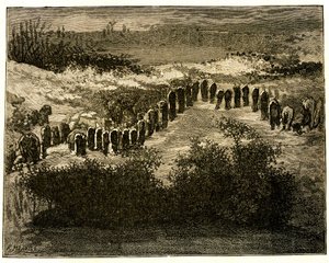 Allineamenti di menhir di Carnac. Disegno di Victor Hugo inciso da Meaulle. Estratto dal testo di Hugo (En voyage en Bretagne) da Fortune Louis Meaulle