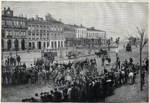 Partenza della corsa ciclistica Bordeaux-Parigi nel 1891 - incisione di Méaulle del 1891 da Fortune Louis Meaulle