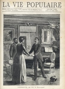 In un salotto borghese, un uomo si precipita verso la padrona di casa e le afferra le mani, lasciando cadere il cappello a terra, sotto lo sguardo stupito di un altro uomo. Illustrazione di Bernard Borione per il racconto di Guy da Fortune Louis Meaulle
