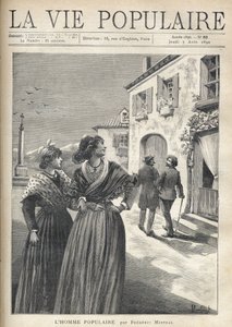Per le strade di un villaggio in Provenza, due belle donne in abiti provenzali si voltano per affrontare un uomo che si dirige con sicurezza verso di loro. Illustrazione di Montegut per 