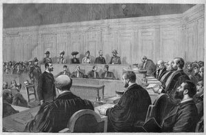 Lo scandalo di Tolone nel 1891: affare Fouroux - Jonquieres - la sala delle assise, deposizione dei testimoni - Incisione di Meaulle in "Le journal illustré" del 1891 da Fortune Louis Meaulle