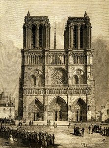 Notre Dame de Paris (Notre-Dame) nel 1482: facciata ovest e parvis. Incisione di F. Meaulle, basata su un disegno di Viollet-le-Duc che illustra l