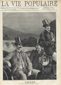 Due uomini in abito e cilindro sistemati in un attacco di cavallo, guidati da un cocchiere. Stanno andando lungo un fiume. Illustrazione per Chaos di Alexandre Hepp. Incisione di Fortune Meaulle da Fortune Louis Meaulle