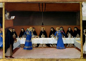 I monaci a tavola, la cucina degli angeli. Vita di Santa Domenica (dettaglio). Dipinto di Guido di Pietro (Fra Angelico) da Fra  Angelico