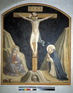 Crocifissione con la Vergine Maria e San Domenico. Iscrizione "INRI" sulla croce, 1442 da Fra Angelico