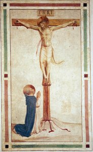 La crocifissione con San Domenico. Iscrizione "INRI" sulla croce. Affresco di Guido di Pietro da Fra Angelico