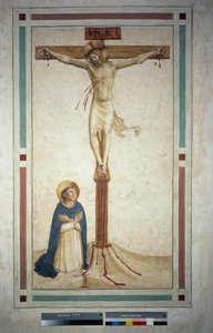 La crocifissione con San Domenico. Iscrizione "INRI" sulla croce. Affresco di Guido di Pietro da Fra Angelico