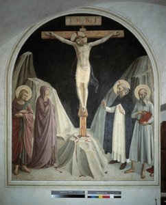 La crocifissione di Cristo con la Vergine Maria, San Giovanni Evangelista, San Girolamo, San Domenico. Iscrizione "INRI" sulla croce. Affresco di Guido di Pietro da Fra Angelico