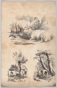 Vignetta con due pecore, vignetta con due mucche in una pozza e vignetta di un raccoglitore di legna..., 1847