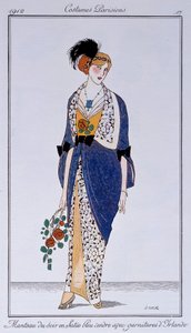 Costumi parigini: cappotto da sera in raso blu cenere con rifiniture irlandesi. Disegno di Francisco Javier Gose da Francesc Xavier Gosé